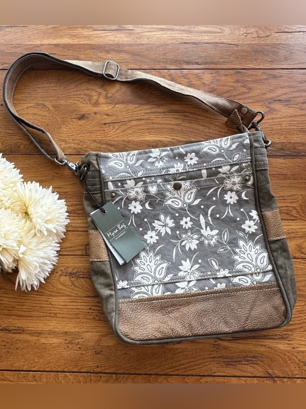 Myra Bag Blossom Print Upcycled Canvas & Leather Shoulder Crossbody Bag …